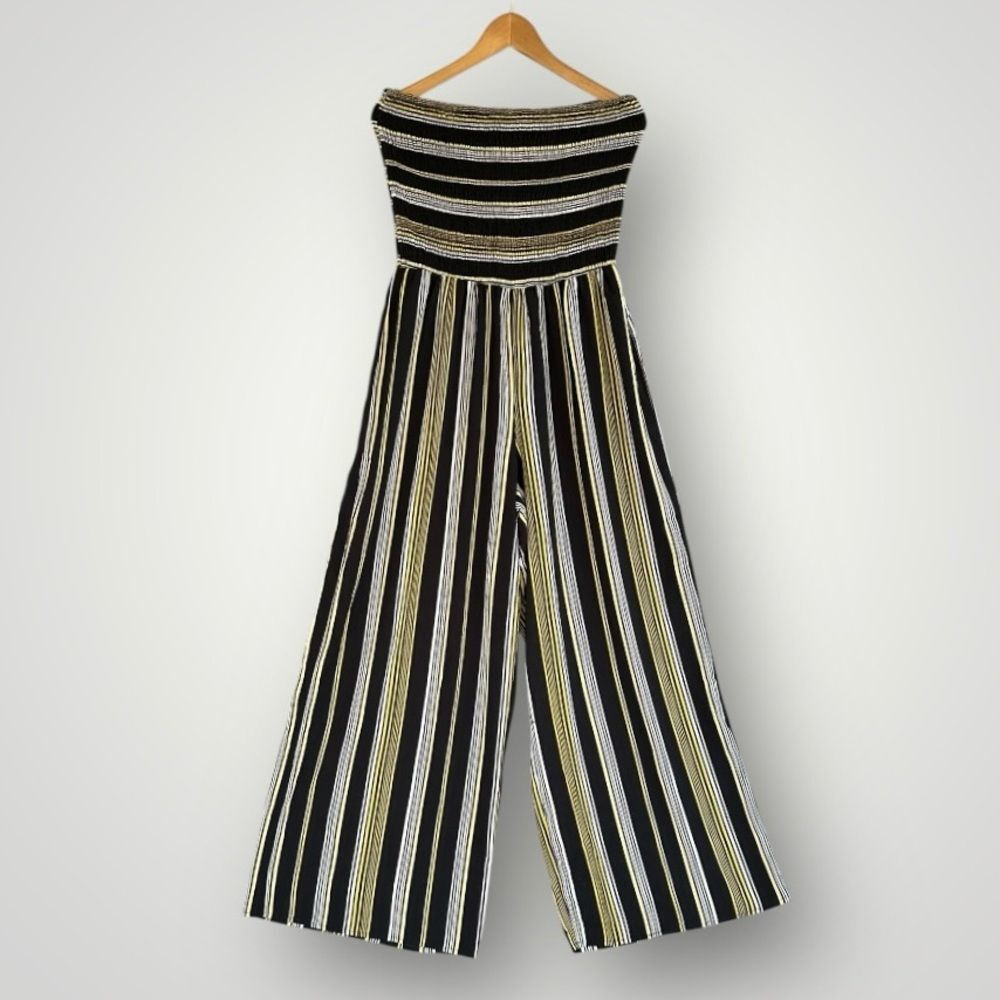 Striped Strapless Wide-Leg Jumpsuit in Black and Gold
